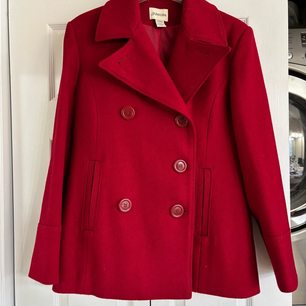 Wool red Pea coat in size medium missing one button